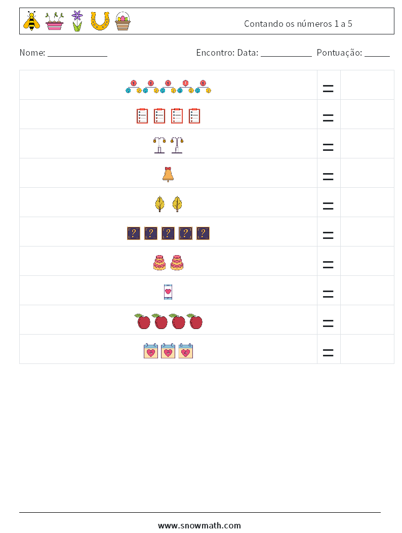 Contando os números 1 a 5 planilhas matemáticas 13