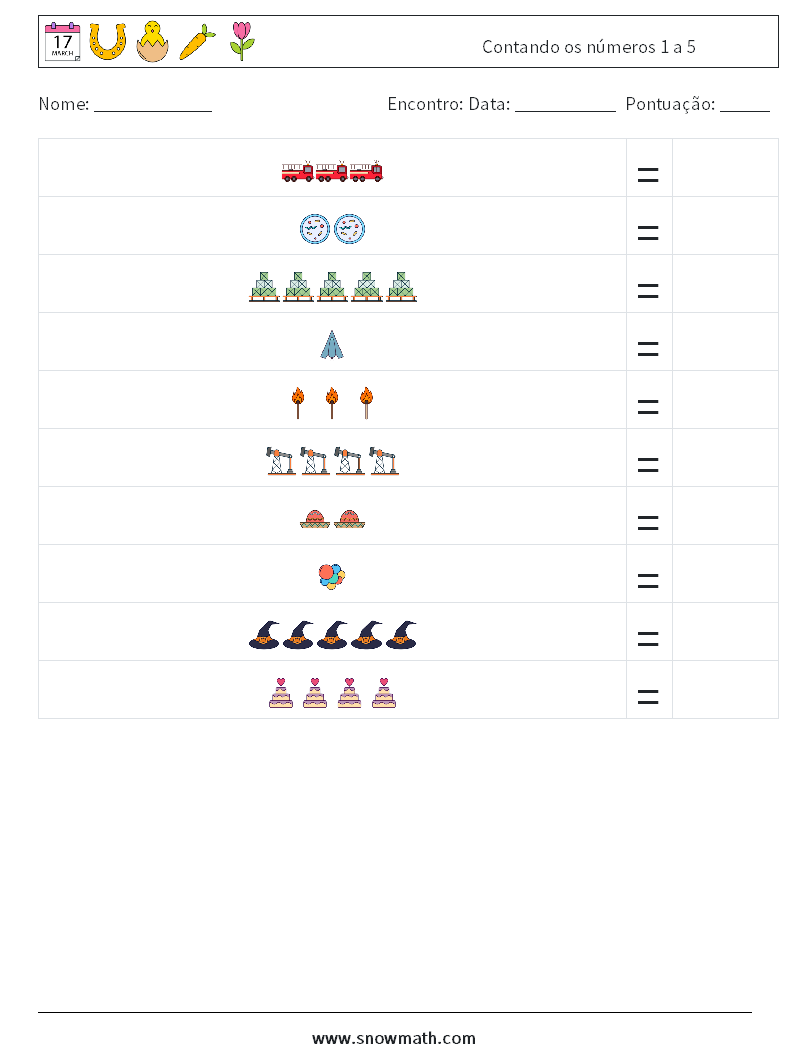 Contando os números 1 a 5 planilhas matemáticas 14