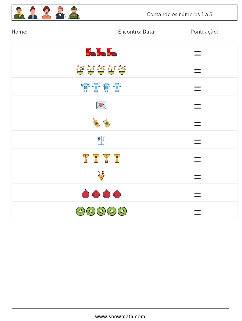 Contando os números 1 a 5 planilhas matemáticas 16