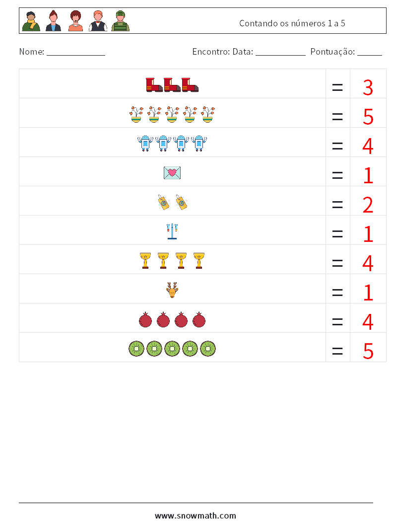 Contando os números 1 a 5 planilhas matemáticas 16 Pergunta, Resposta