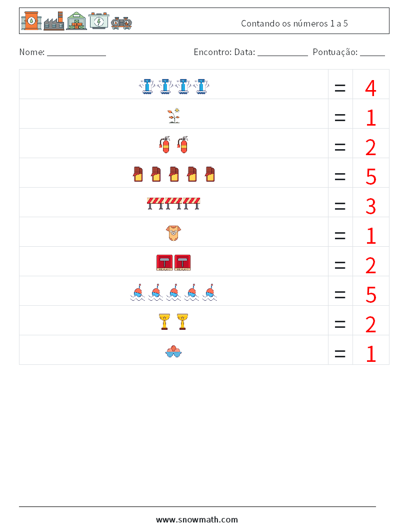Contando os números 1 a 5 planilhas matemáticas 18 Pergunta, Resposta
