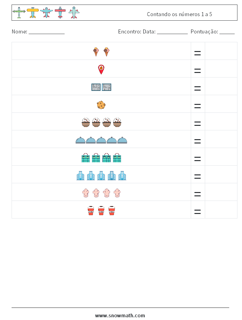 Contando os números 1 a 5 planilhas matemáticas 2