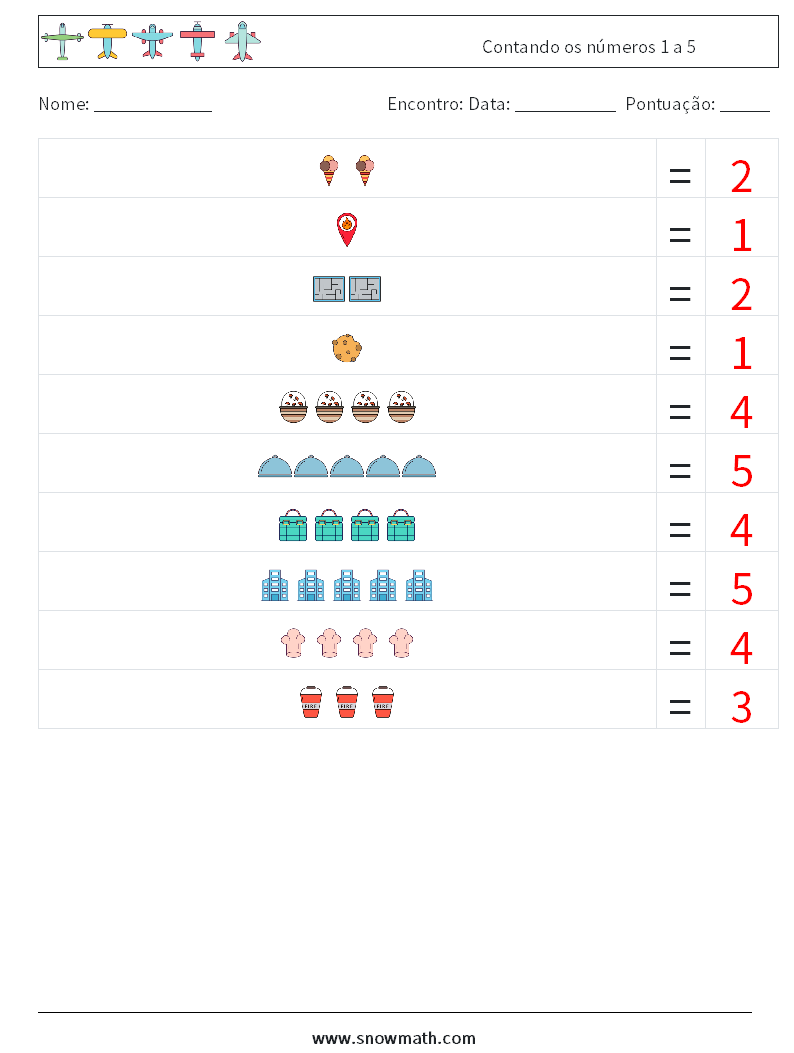 Contando os números 1 a 5 planilhas matemáticas 2 Pergunta, Resposta