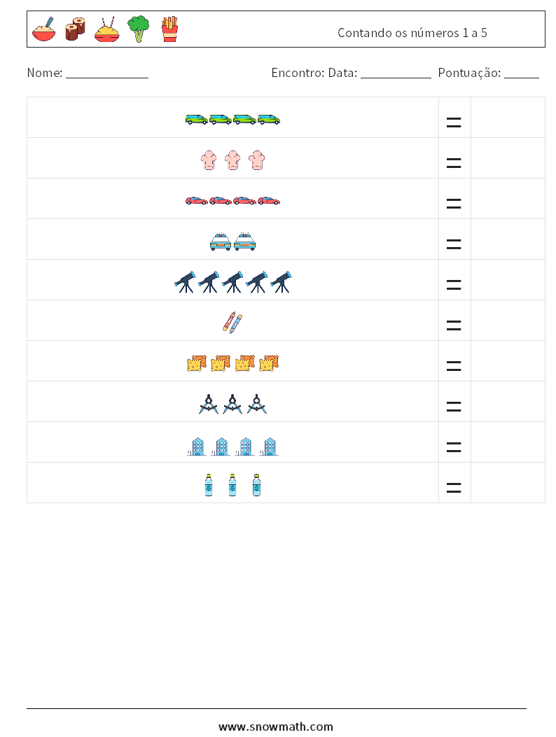 Contando os números 1 a 5 planilhas matemáticas 3