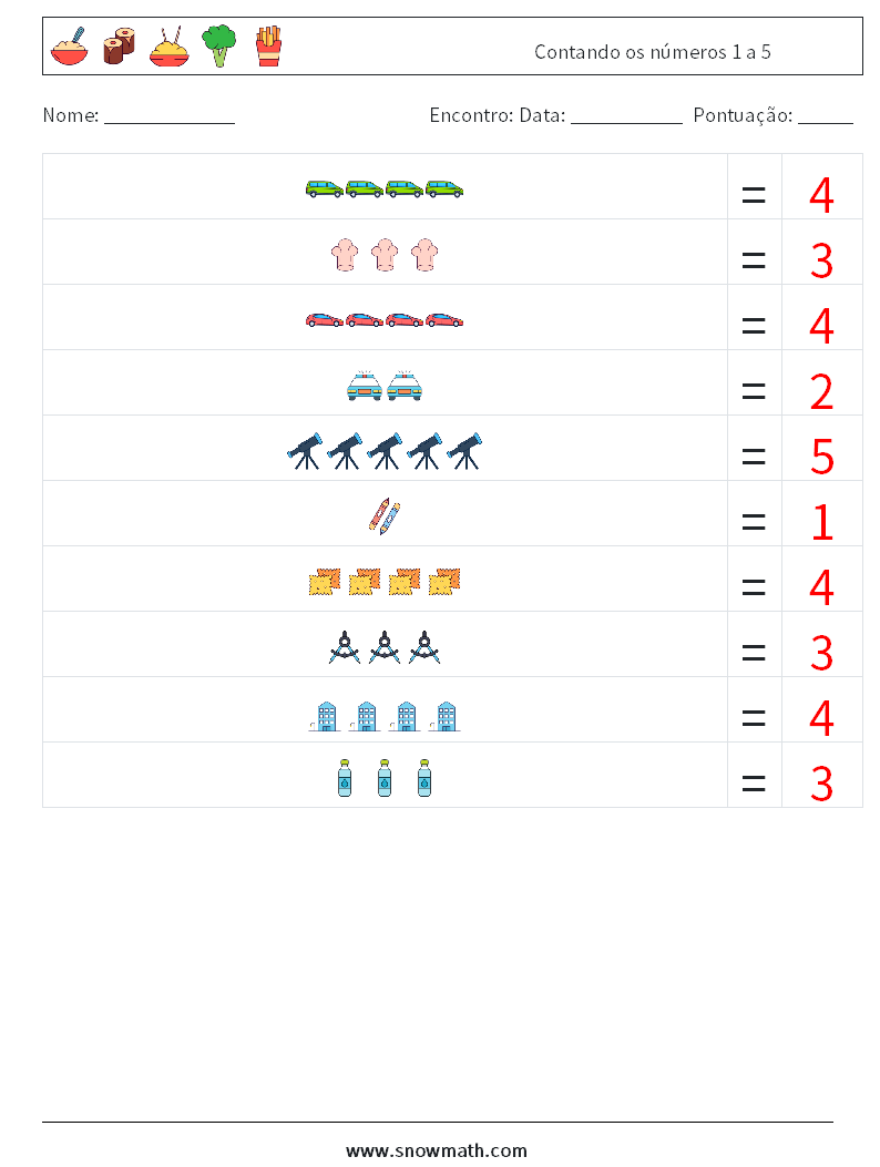 Contando os números 1 a 5 planilhas matemáticas 3 Pergunta, Resposta