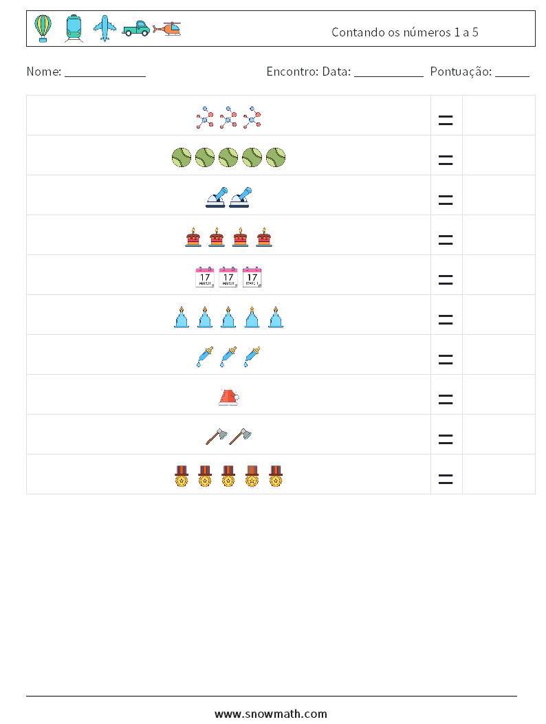 Contando os números 1 a 5 planilhas matemáticas 4