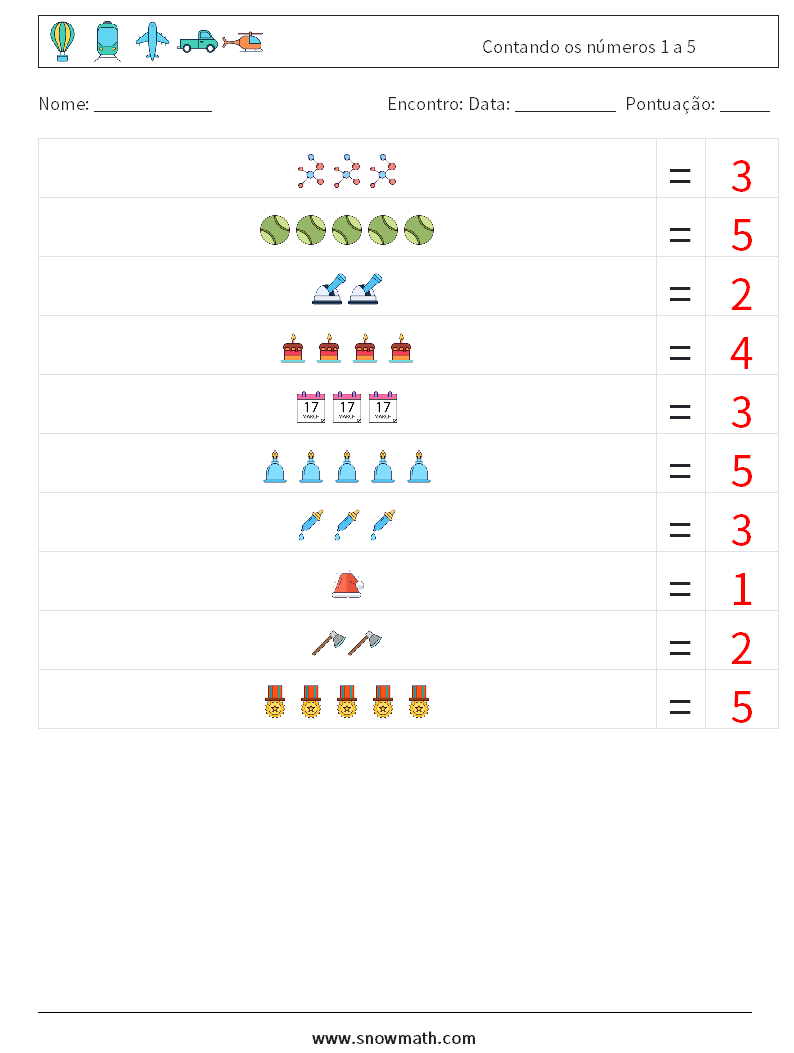 Contando os números 1 a 5 planilhas matemáticas 4 Pergunta, Resposta