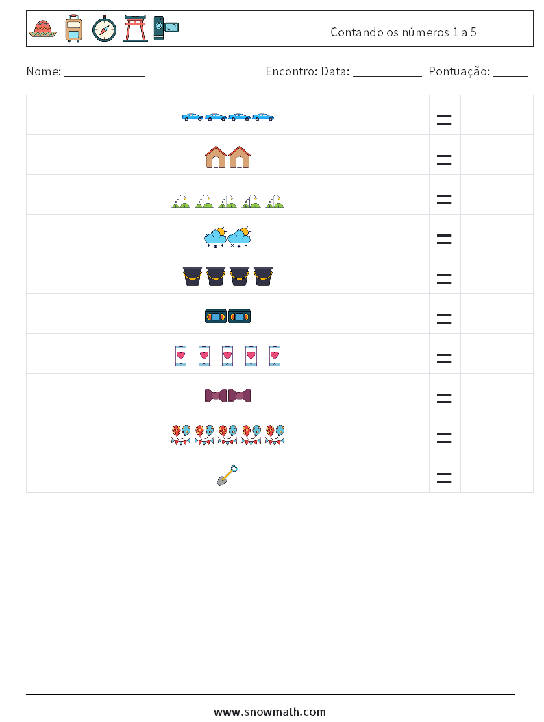 Contando os números 1 a 5 planilhas matemáticas 5