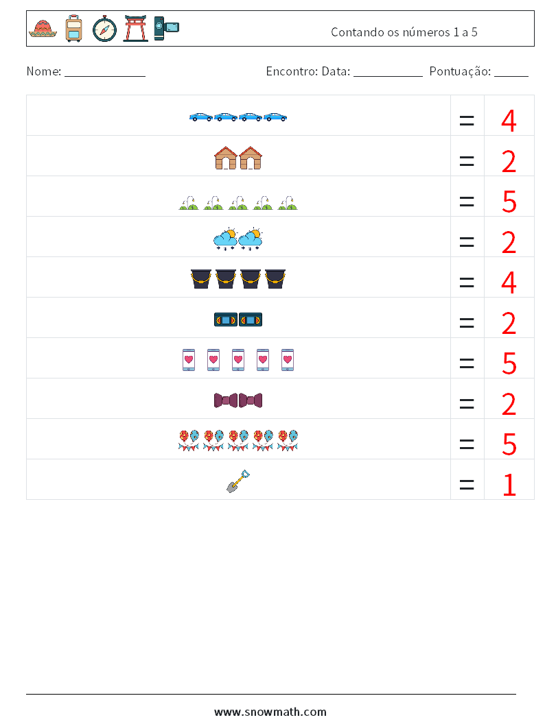 Contando os números 1 a 5 planilhas matemáticas 5 Pergunta, Resposta