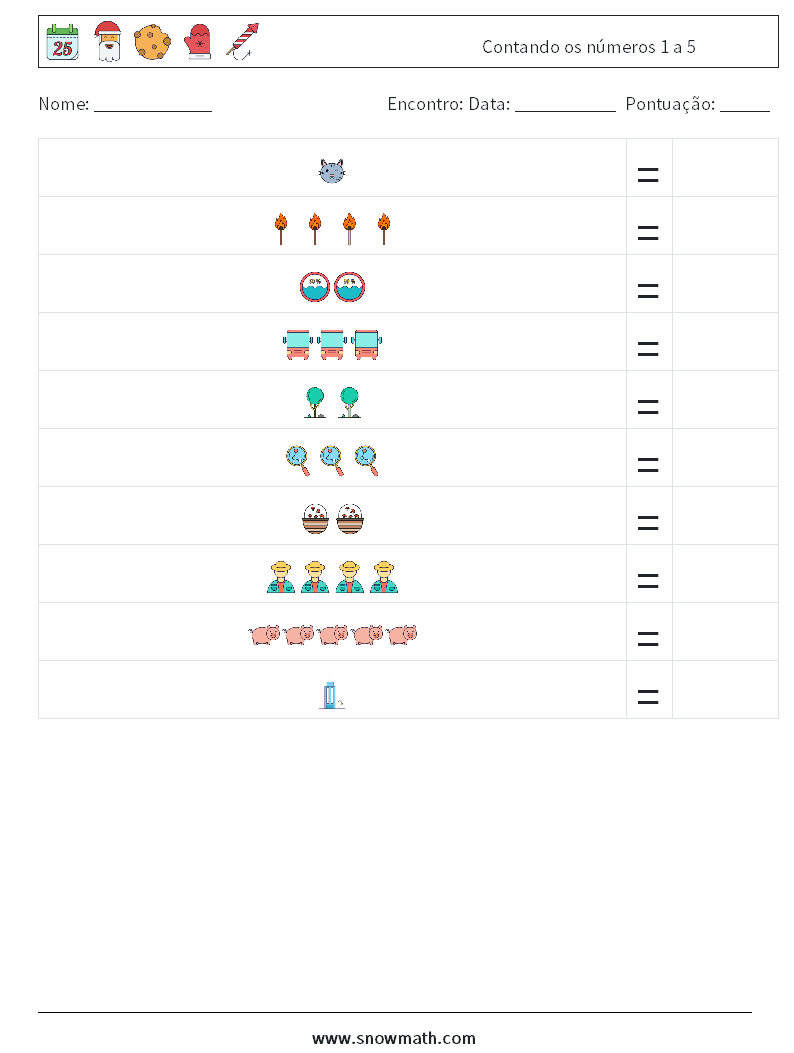 Contando os números 1 a 5 planilhas matemáticas 6