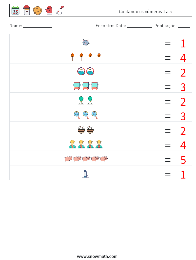 Contando os números 1 a 5 planilhas matemáticas 6 Pergunta, Resposta