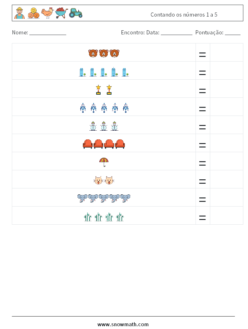Contando os números 1 a 5 planilhas matemáticas 7
