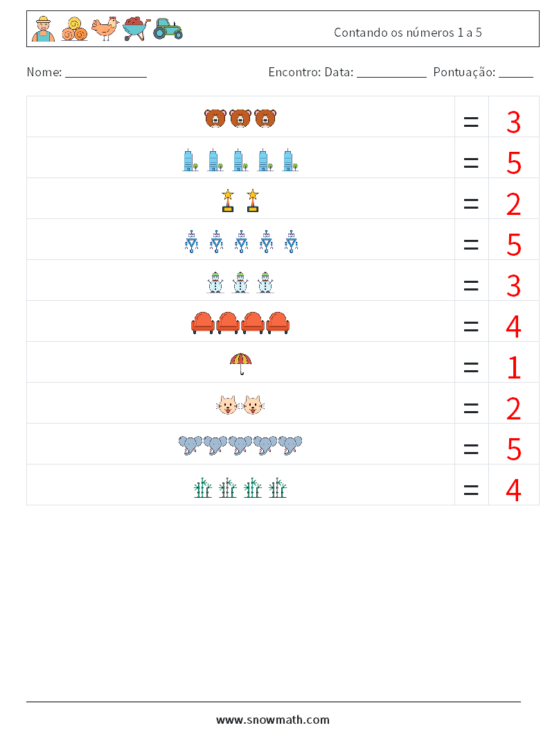 Contando os números 1 a 5 planilhas matemáticas 7 Pergunta, Resposta