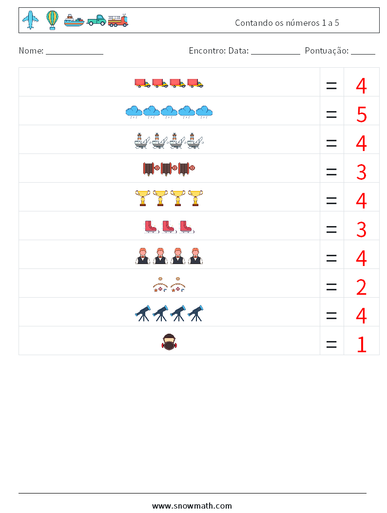 Contando os números 1 a 5 planilhas matemáticas 8 Pergunta, Resposta