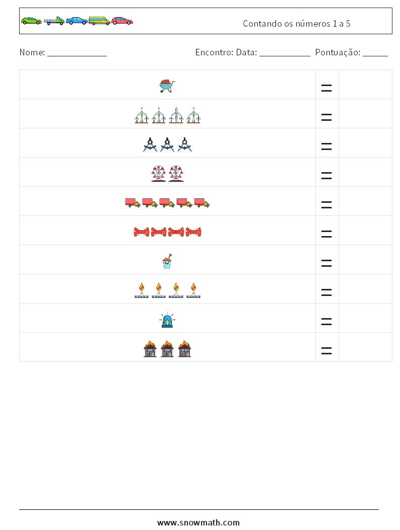 Contando os números 1 a 5 planilhas matemáticas 9