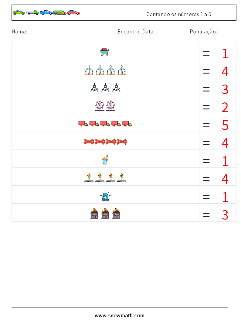 Contando os números 1 a 5 planilhas matemáticas 9 Pergunta, Resposta