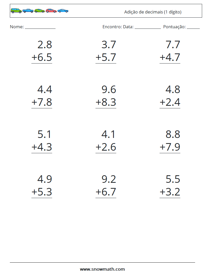 (12) Adição de decimais (1 dígito) planilhas matemáticas 1