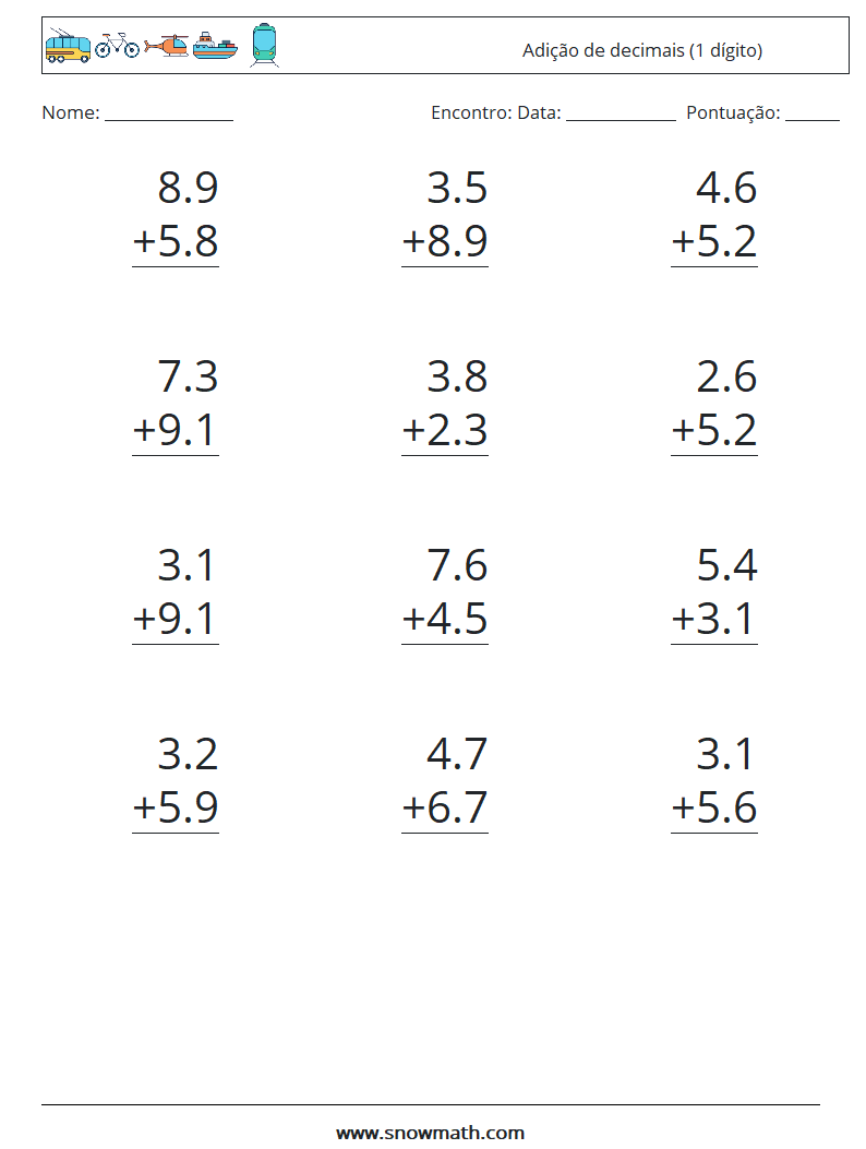 (12) Adição de decimais (1 dígito) planilhas matemáticas 10