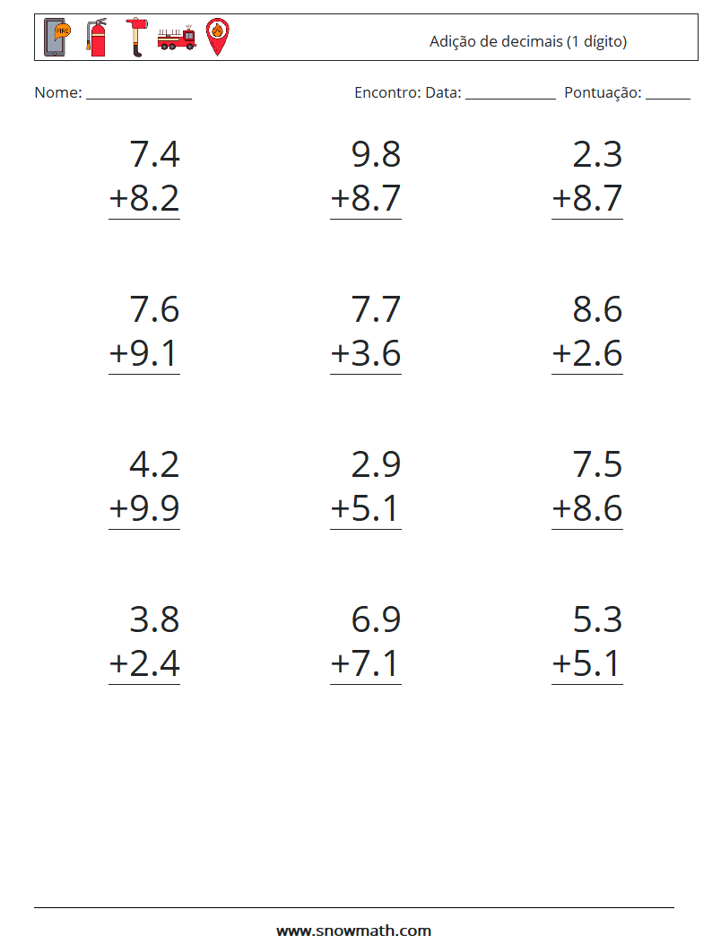 (12) Adição de decimais (1 dígito) planilhas matemáticas 11