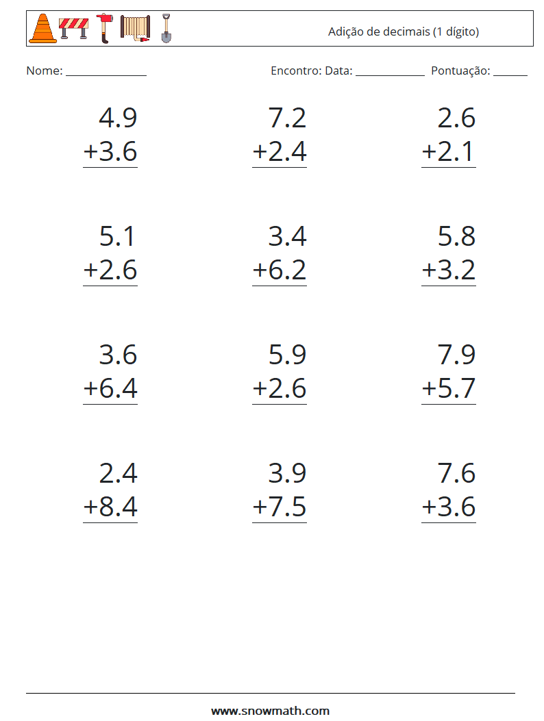 (12) Adição de decimais (1 dígito) planilhas matemáticas 12