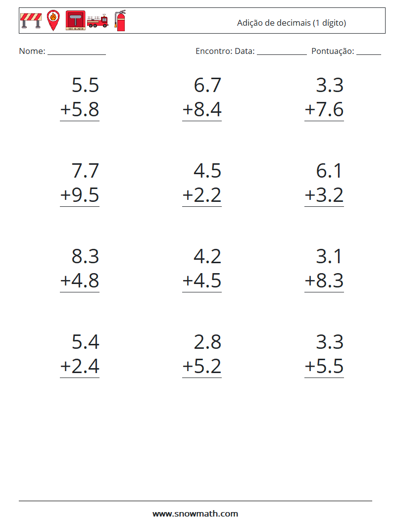 (12) Adição de decimais (1 dígito) planilhas matemáticas 13