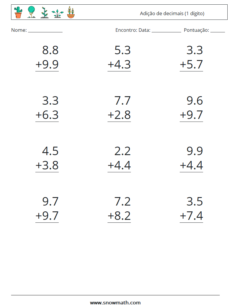 (12) Adição de decimais (1 dígito) planilhas matemáticas 14