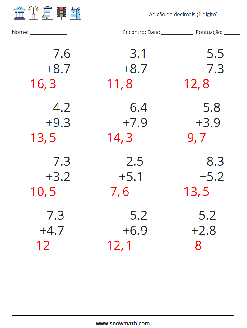 (12) Adição de decimais (1 dígito) planilhas matemáticas 16 Pergunta, Resposta