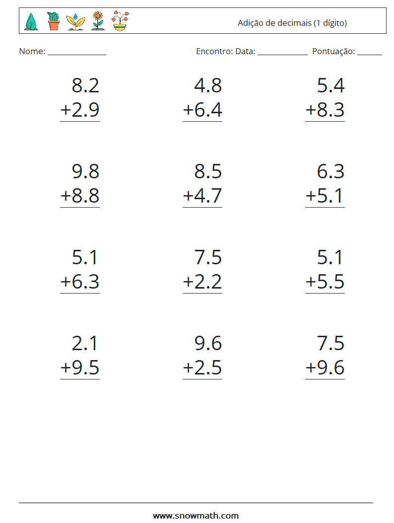 (12) Adição de decimais (1 dígito) planilhas matemáticas 17