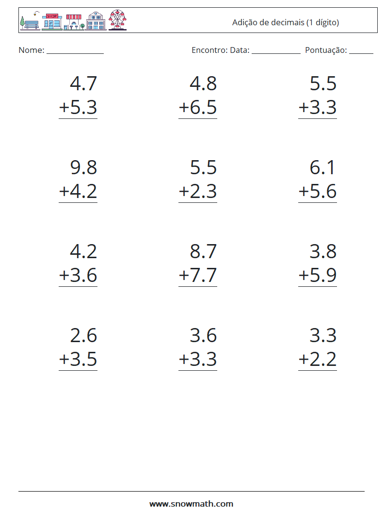 (12) Adição de decimais (1 dígito) planilhas matemáticas 18