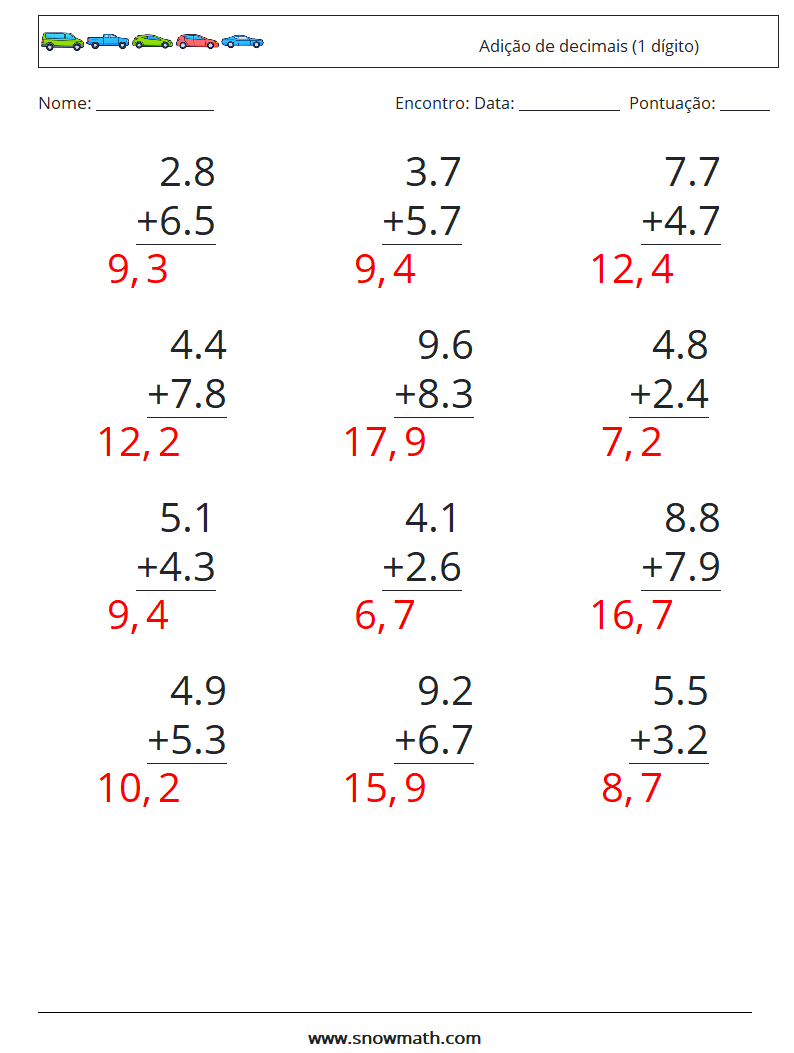 (12) Adição de decimais (1 dígito) planilhas matemáticas 1 Pergunta, Resposta