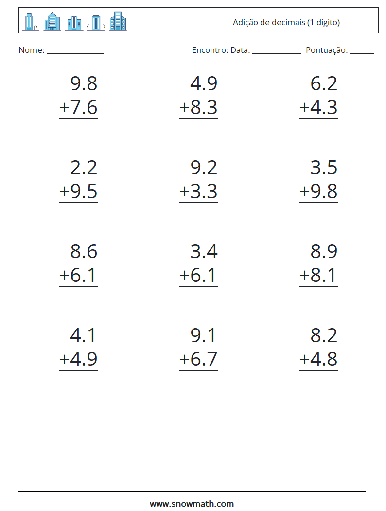 (12) Adição de decimais (1 dígito) planilhas matemáticas 2