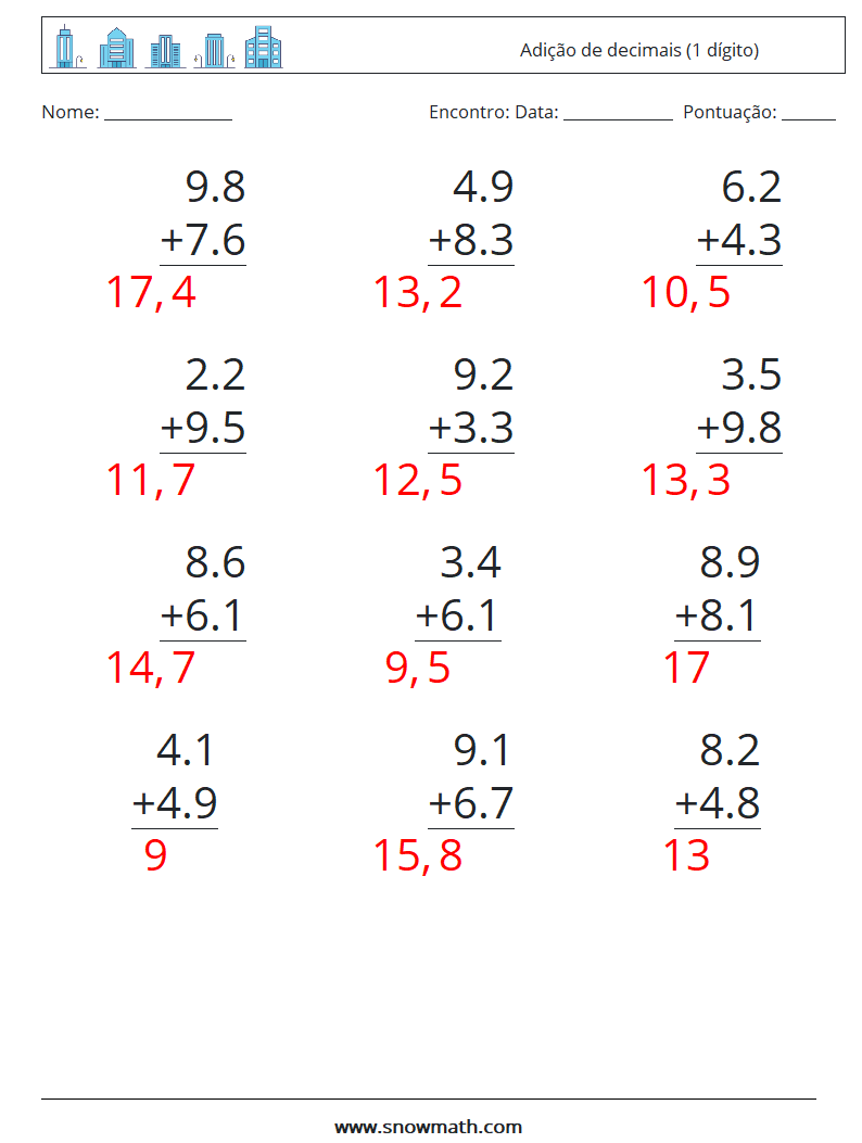 (12) Adição de decimais (1 dígito) planilhas matemáticas 2 Pergunta, Resposta