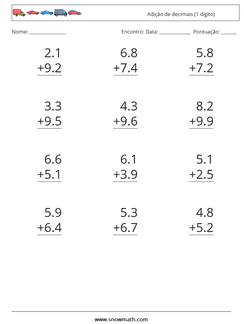 (12) Adição de decimais (1 dígito) planilhas matemáticas 3