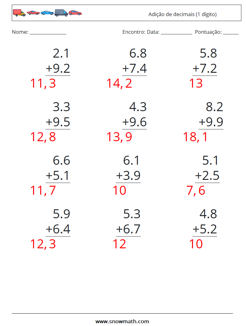 (12) Adição de decimais (1 dígito) planilhas matemáticas 3 Pergunta, Resposta