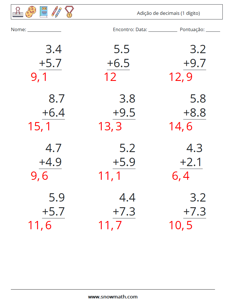 (12) Adição de decimais (1 dígito) planilhas matemáticas 4 Pergunta, Resposta