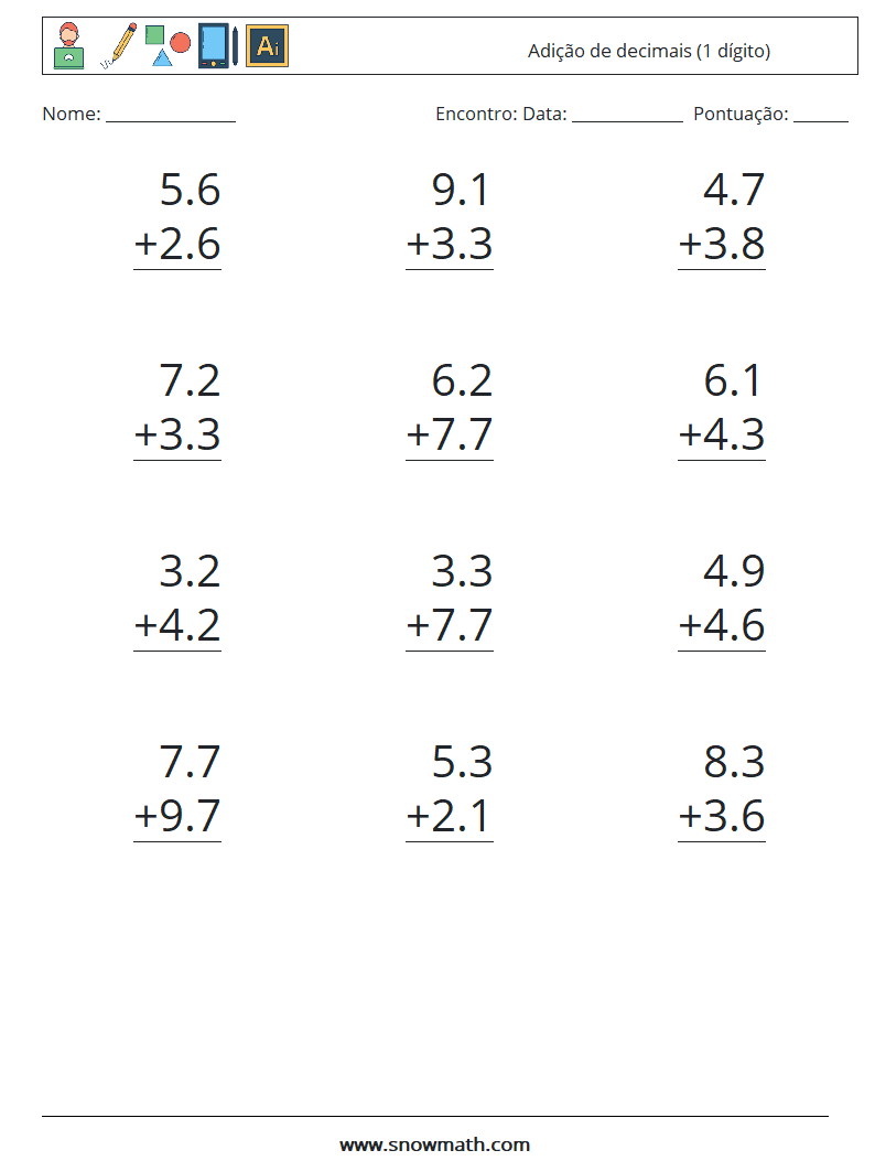 (12) Adição de decimais (1 dígito) planilhas matemáticas 5