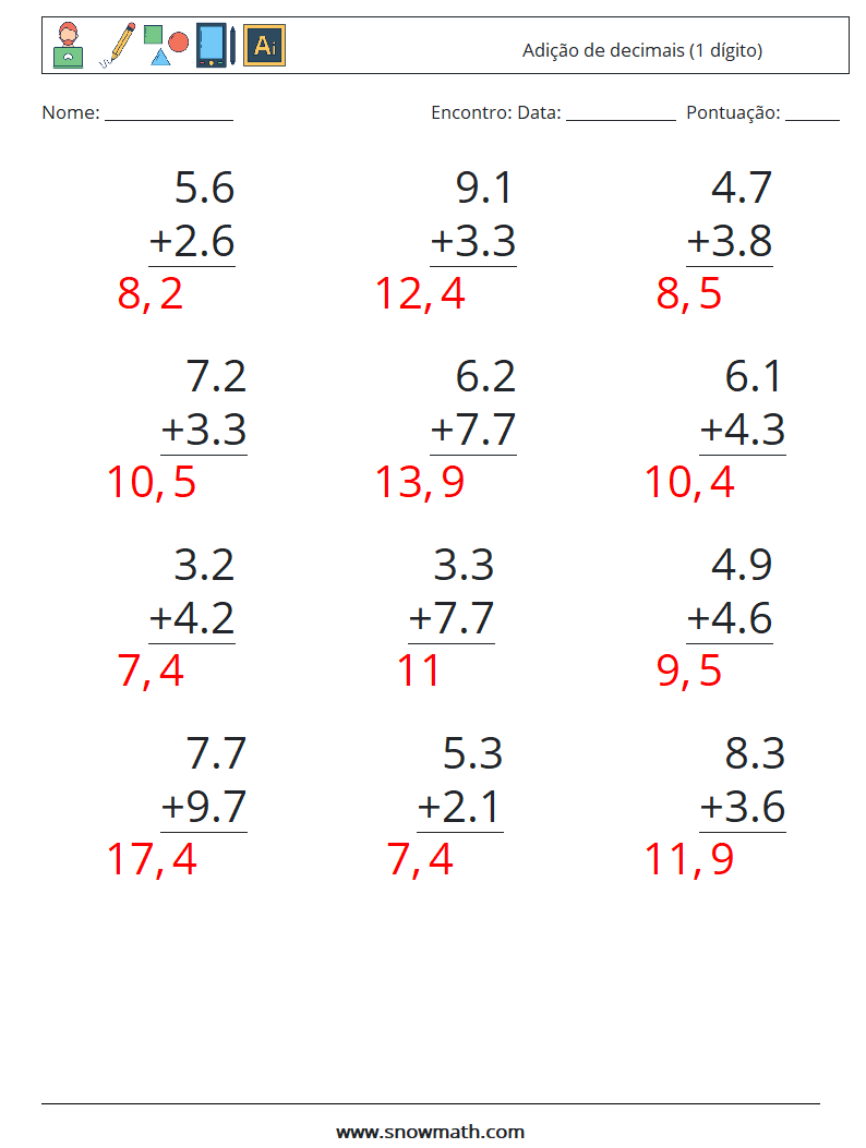 (12) Adição de decimais (1 dígito) planilhas matemáticas 5 Pergunta, Resposta