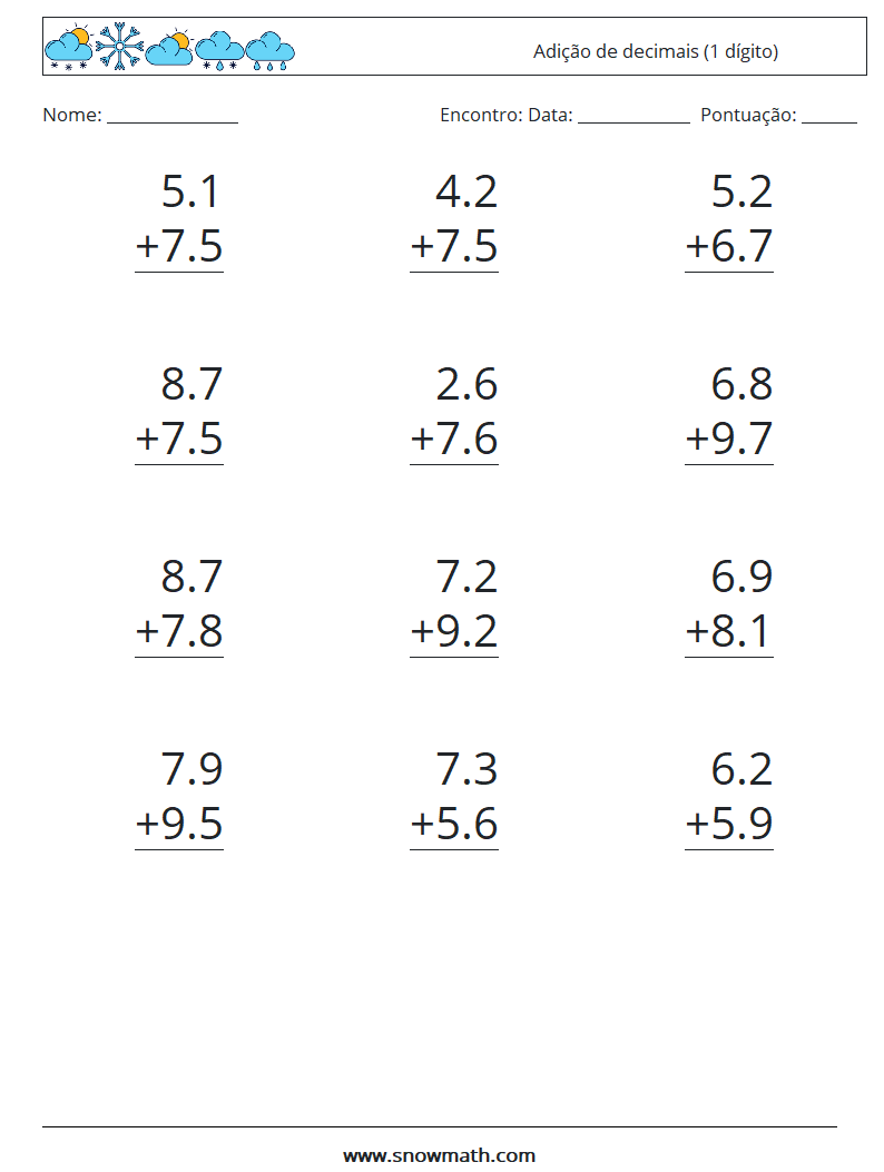 (12) Adição de decimais (1 dígito) planilhas matemáticas 6