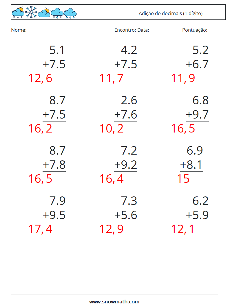 (12) Adição de decimais (1 dígito) planilhas matemáticas 6 Pergunta, Resposta