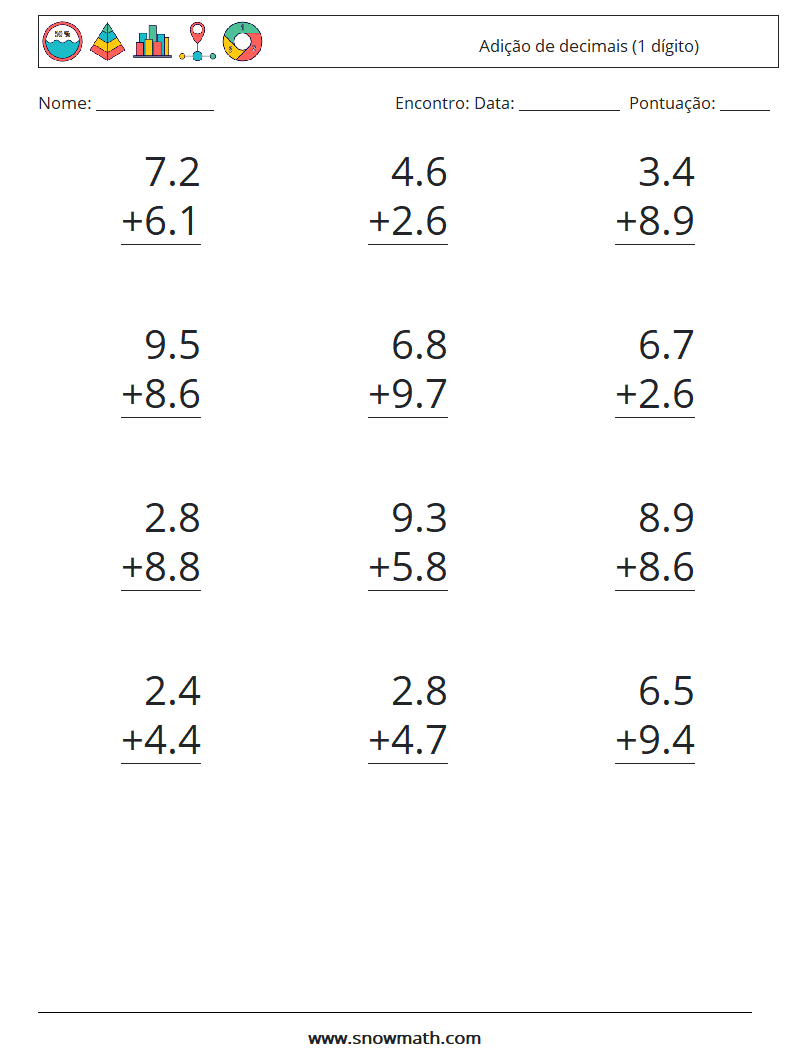 (12) Adição de decimais (1 dígito) planilhas matemáticas 7