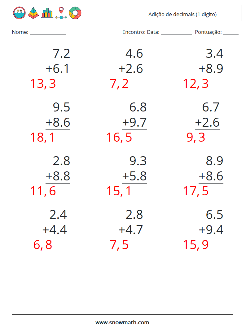 (12) Adição de decimais (1 dígito) planilhas matemáticas 7 Pergunta, Resposta