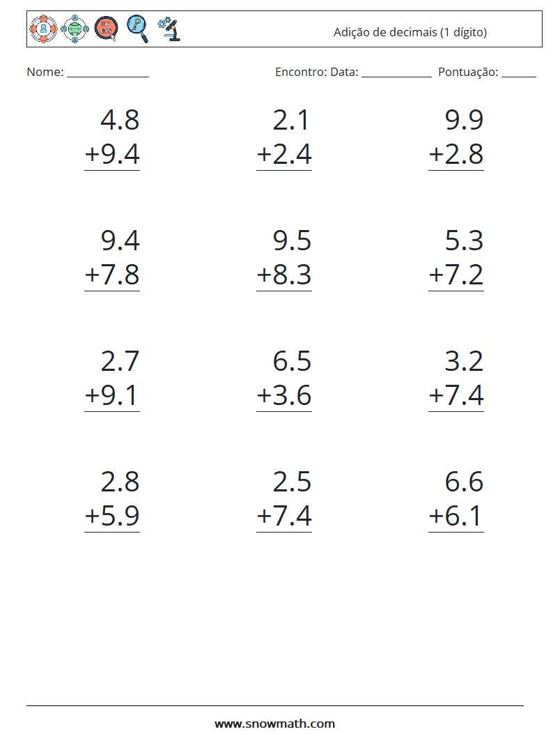 (12) Adição de decimais (1 dígito) planilhas matemáticas 8