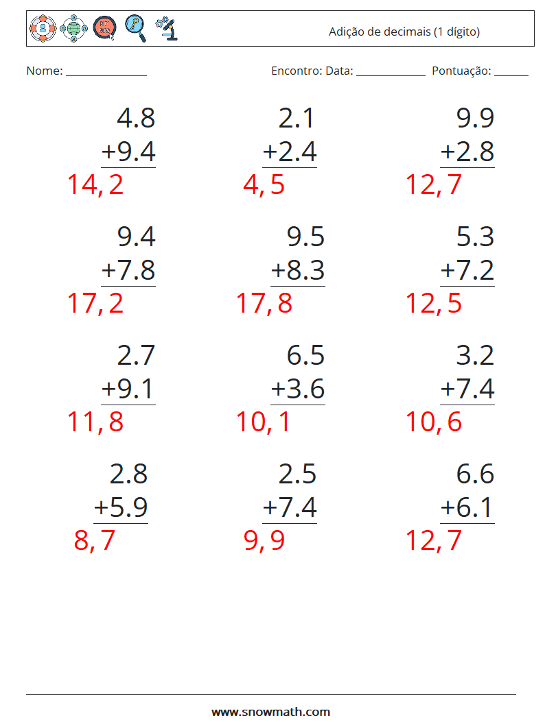 (12) Adição de decimais (1 dígito) planilhas matemáticas 8 Pergunta, Resposta