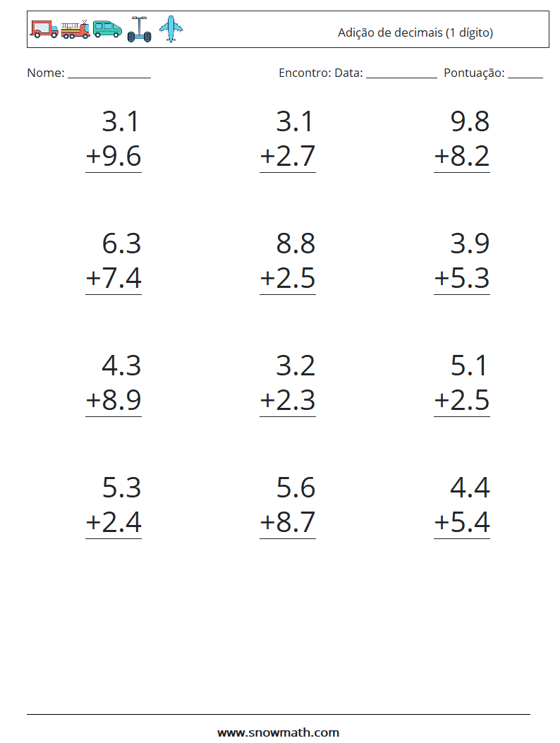 (12) Adição de decimais (1 dígito) planilhas matemáticas 9