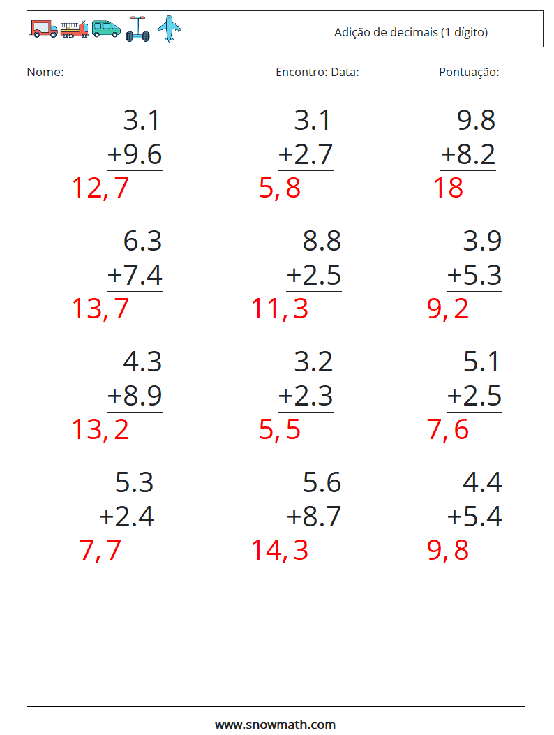 (12) Adição de decimais (1 dígito) planilhas matemáticas 9 Pergunta, Resposta