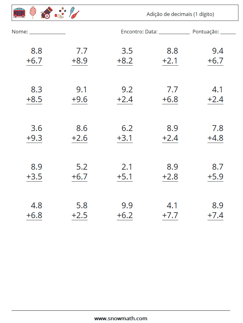 (25) Adição de decimais (1 dígito) planilhas matemáticas 1