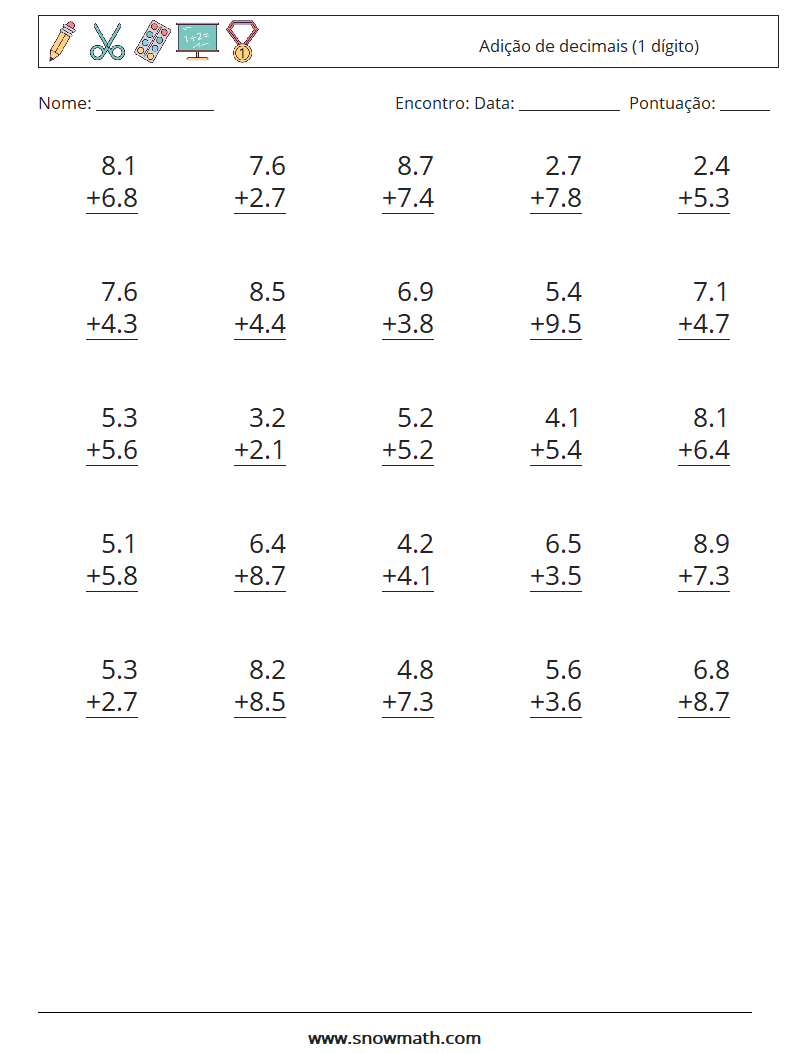 (25) Adição de decimais (1 dígito) planilhas matemáticas 10