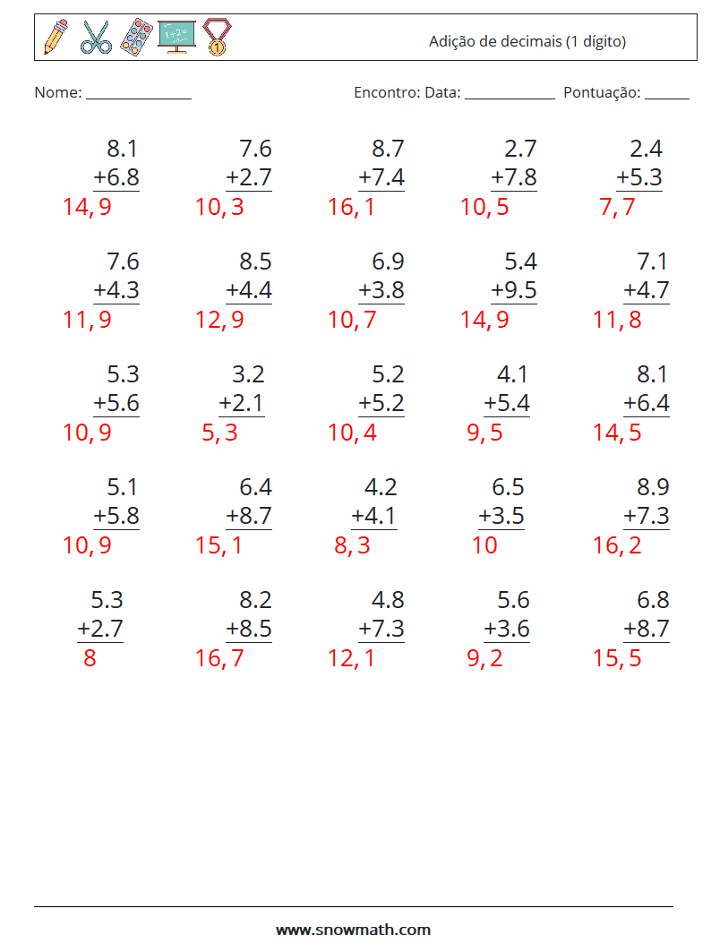 (25) Adição de decimais (1 dígito) planilhas matemáticas 10 Pergunta, Resposta