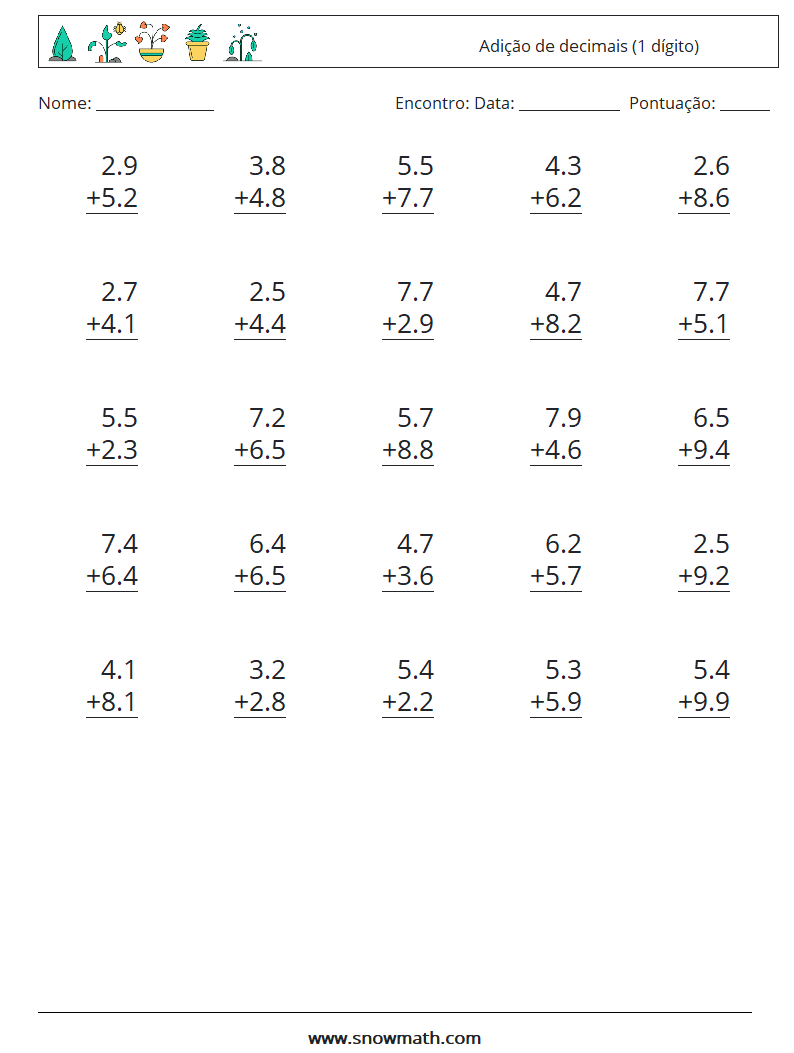 (25) Adição de decimais (1 dígito) planilhas matemáticas 11