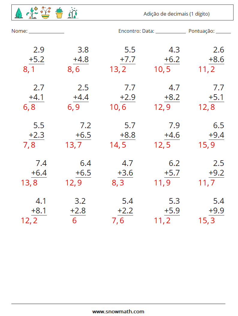 (25) Adição de decimais (1 dígito) planilhas matemáticas 11 Pergunta, Resposta